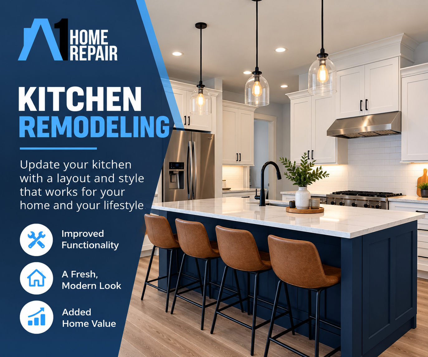 A-1 Home Repair kitchen remodeling graphic featuring a modern kitchen with white cabinetry, a large  