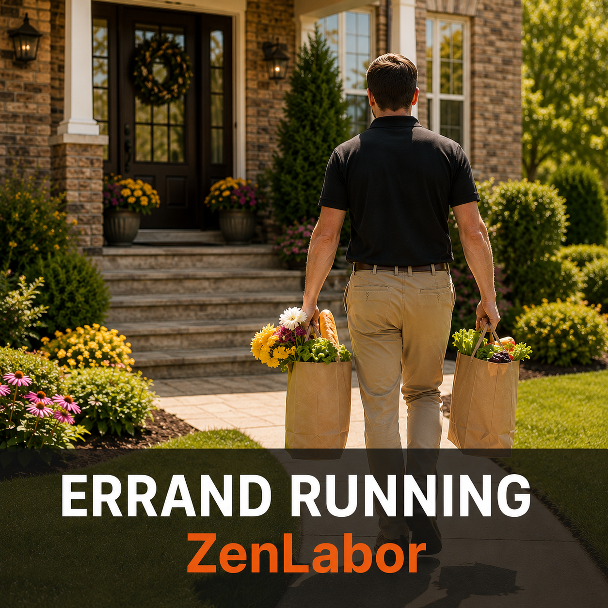 ZenLabor team member walking to a client's front door with an errand bag in hand, ready to run errands and handle to-do list tasks for busy Knoxville homeowners.