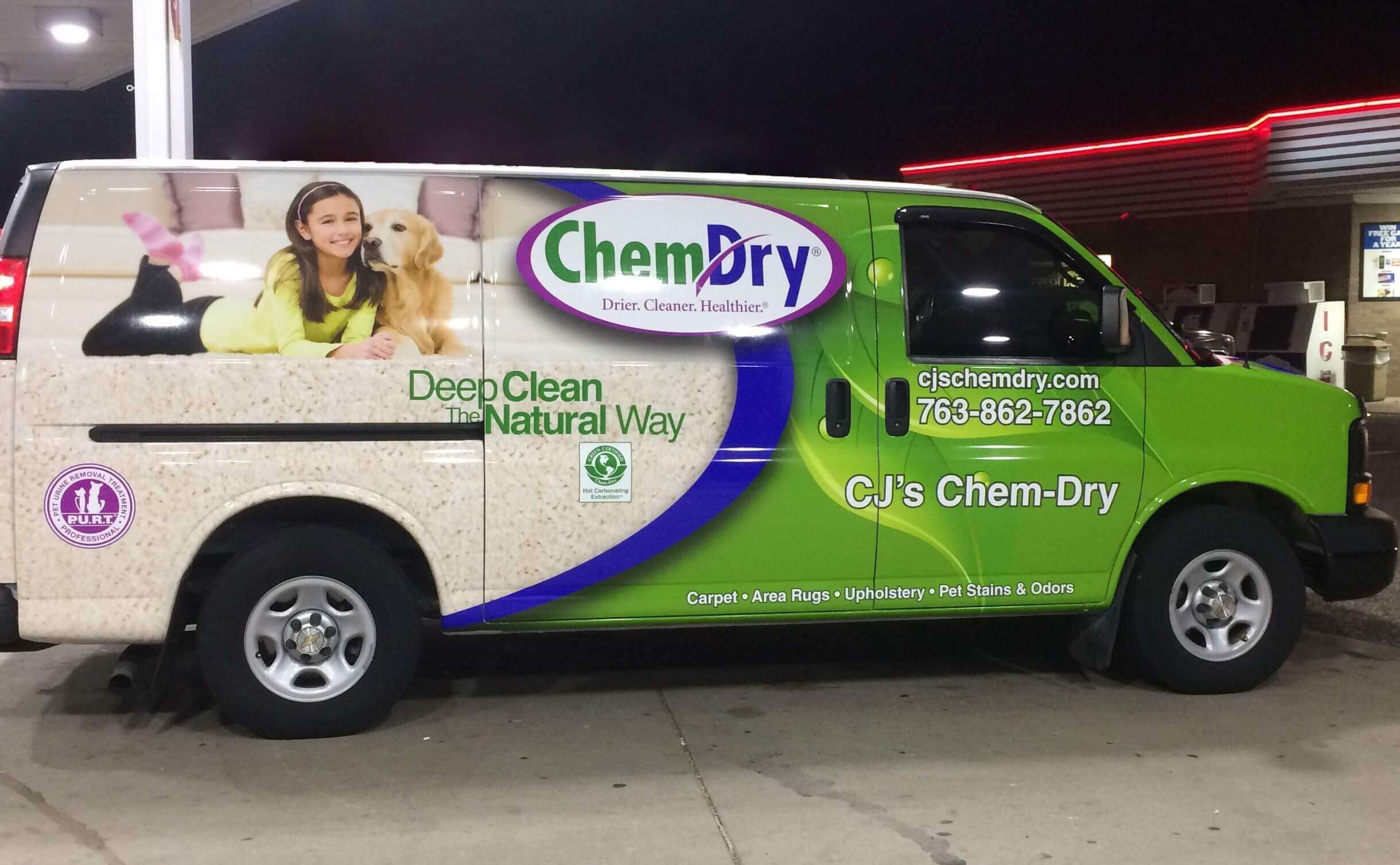 Green CJ's Chem-Dry carpet cleaning van