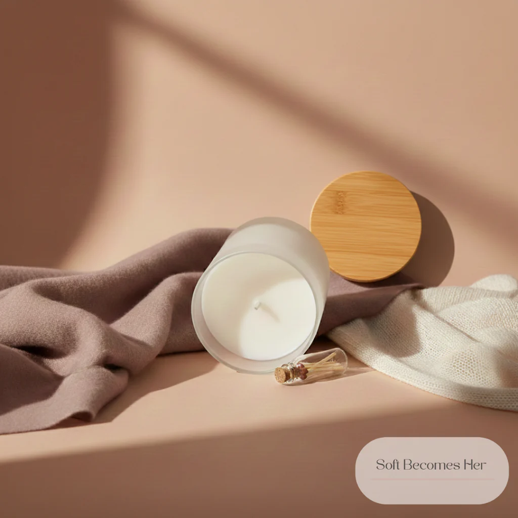A still life image featuring a frosted glass candle with white wax and a wick, accompanied by a small glass bottle containing matches and a wooden lid. The candle is placed on a soft, dusty rose colored surface, draped with two pieces of fabric: one a muted mauve scarf on the left, and a textured off-white knit on the right. Dramatic shadows are cast from the top right, creating a warm and serene atmosphere. A text overlay in the bottom right corner reads "Soft Becomes Her".