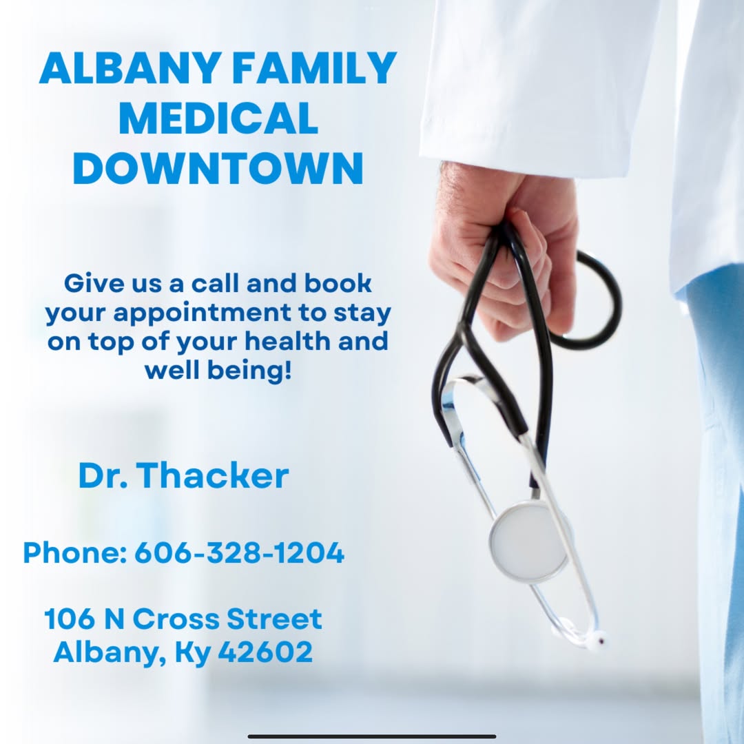Stay on top of your health with compassionate care close to home at Albany Family Medical Downtown. Schedule your appointment with Dr. Thacker today by calling 606-328-1204. ???? #PrimaryCare #FamilyMedicine #AlbanyKY #Healthcare #Wellness