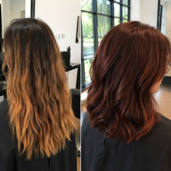Custom red hair color at Avissa Salon in Ann Arbor combines rich, multidimensional tones with a prec 