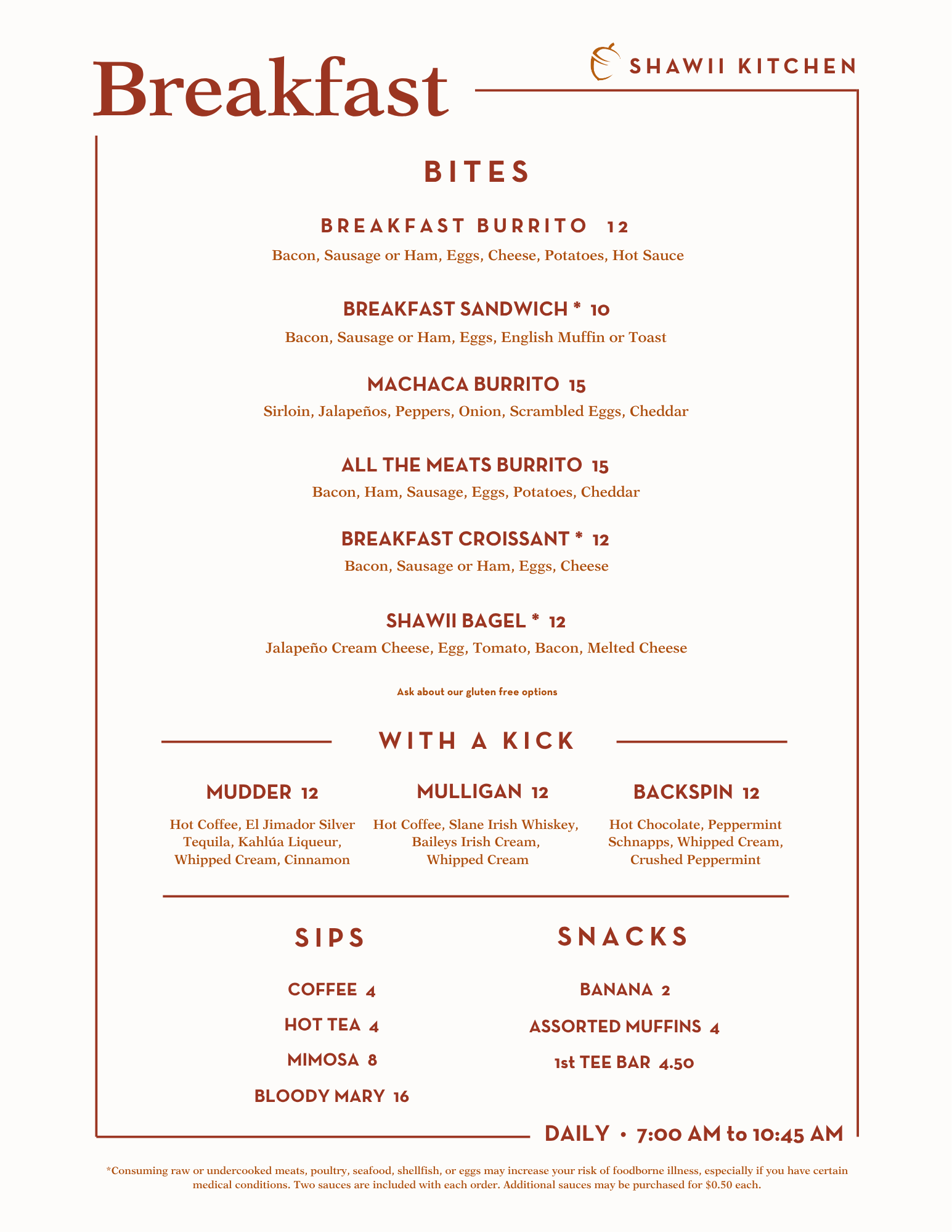 Breakfast Menu at Shawii Kitchen.