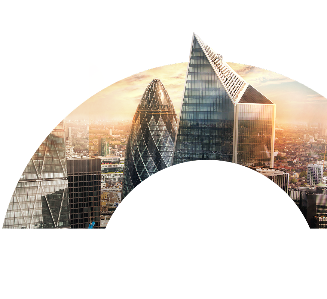 An aerial view of The Gherkin and The Scalpel in London displayed in the curve of a large letter O.