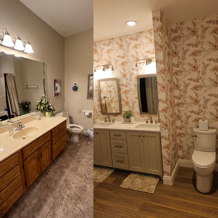 Fee Construction LLC refreshed this full bathroom in Evansville, IN with updated gray shaker cabinetry, new countertops, hardwood-style flooring, and charming floral wallpaper — a complete transformation from the dated original. Fee Construction handles bathroom renovations of all sizes throughout Evansville and the tri-state area. Call (812) 626-1013 or visit feeconstruction.com.