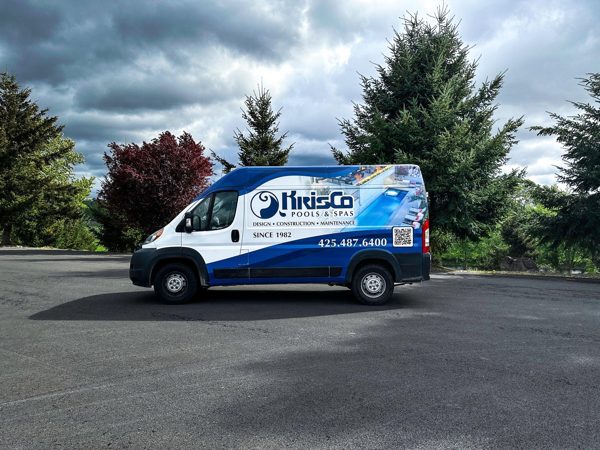 Full van wrap for Krisco Pools & Spas on a Ram ProMaster, printed and installed by Ardor Printing in Snohomish, WA.