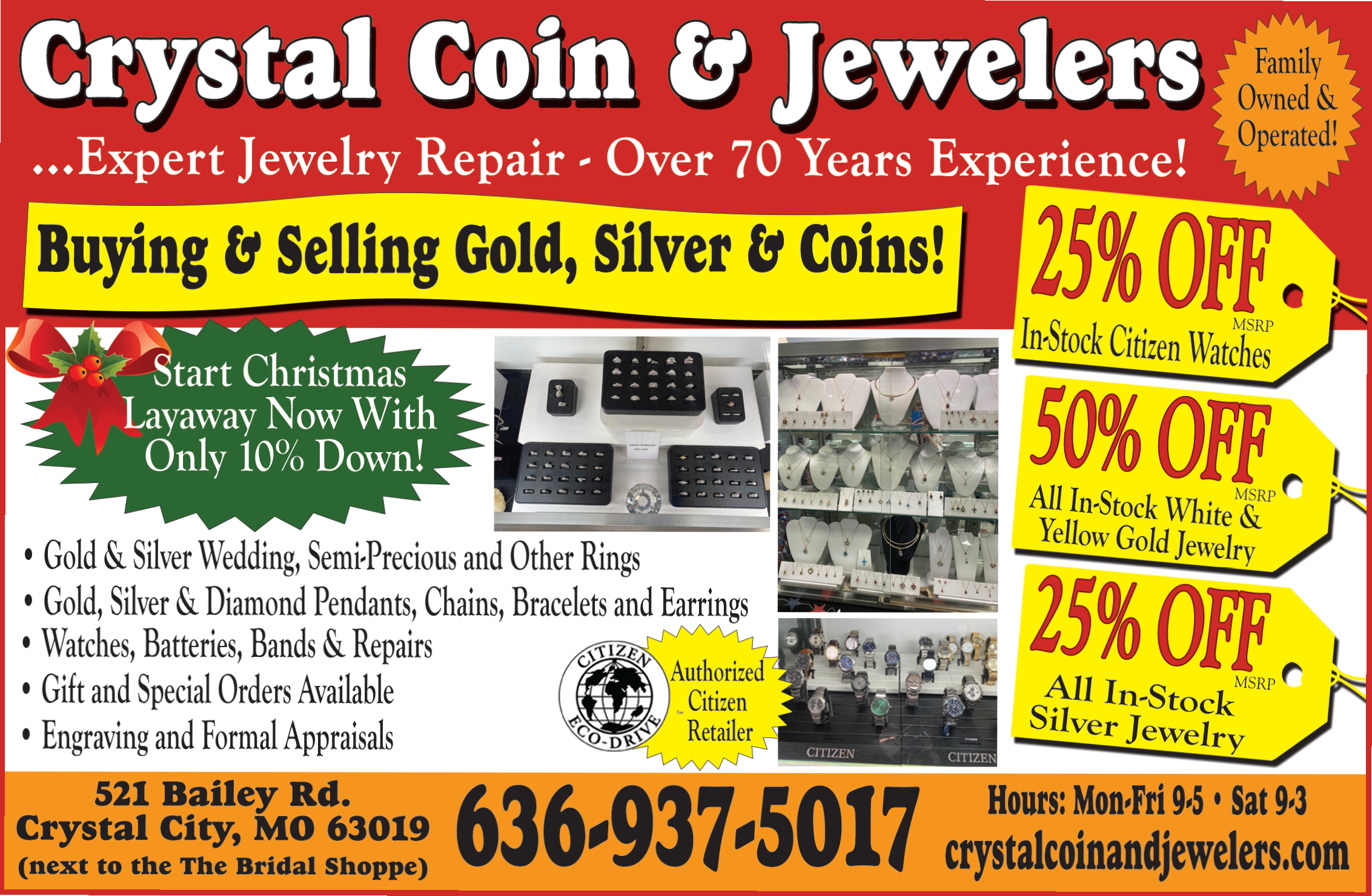 25% OFF MSRP In-Stock Citizen Watches, 50% OFF MSRP All In-Stock White & Yellow Gold Jewelry, 25% OFF MSRP All In-Stock Silver Jewelry.