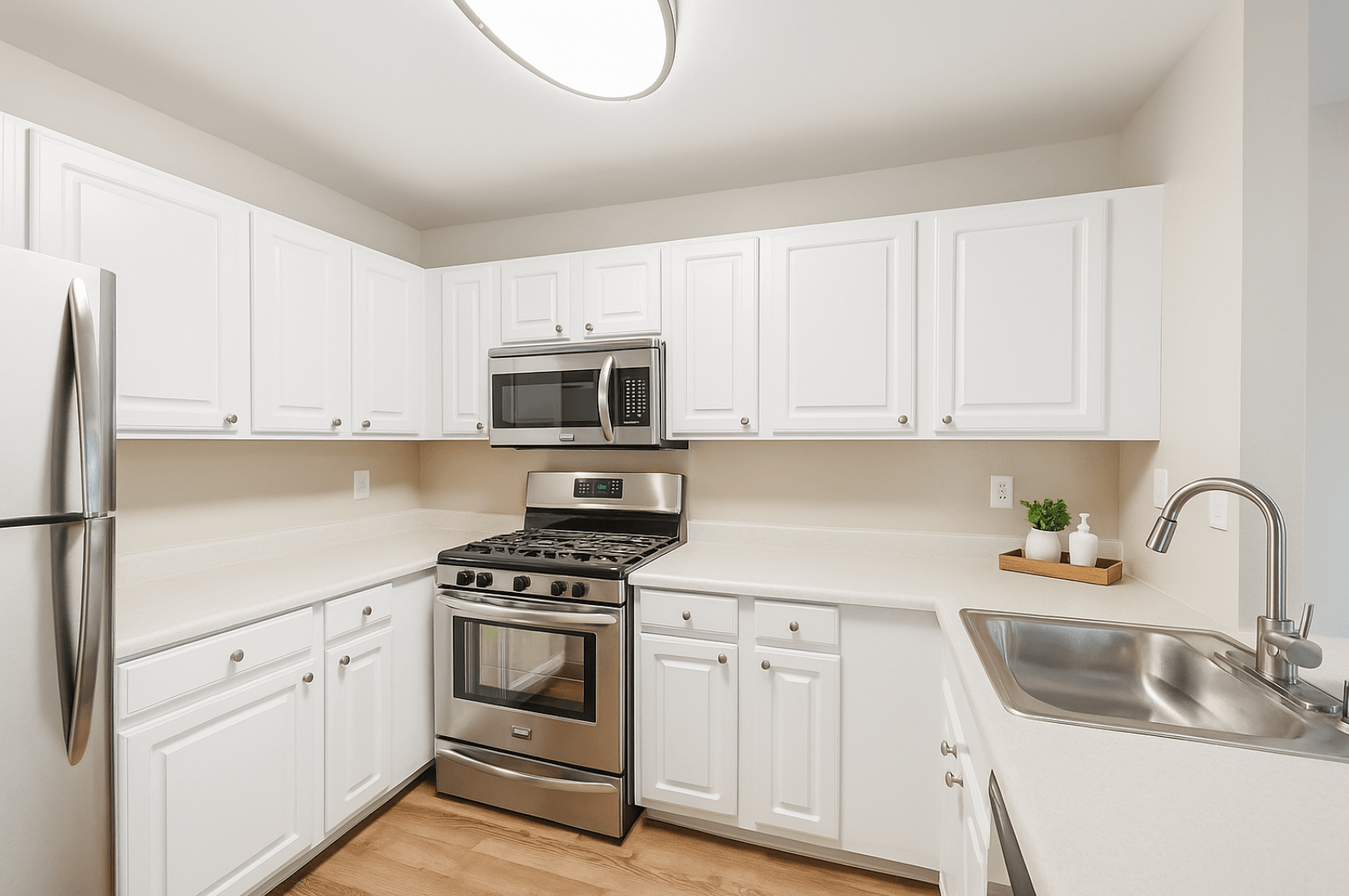 A kitchen with white cabinets and stainless steel appliances.