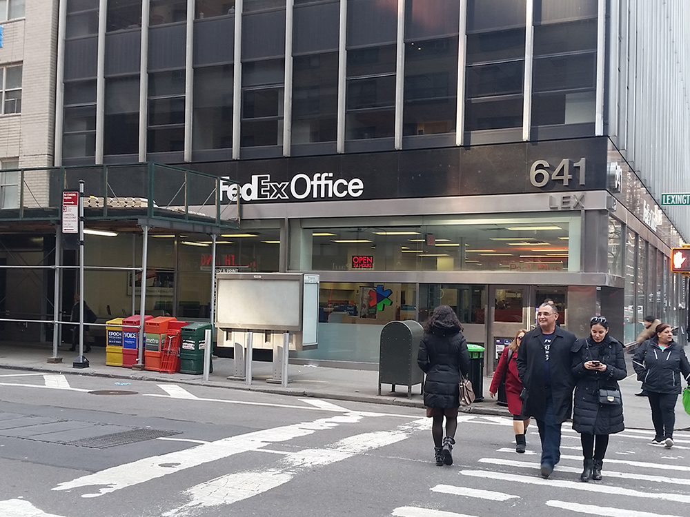 Exterior photo of FedEx Office location at 641 Lexington Ave\t Print quickly and easily in the self-service area at the FedEx Office location 641 Lexington Ave from email, USB, or the cloud\t FedEx Office Print & Go near 641 Lexington Ave\t Shipping boxes and packing services available at FedEx Office 641 Lexington Ave\t Get banners, signs, posters and prints at FedEx Office 641 Lexington Ave\t Full service printing and packing at FedEx Office 641 Lexington Ave\t Drop off FedEx packages near 641 Lexington Ave\t FedEx shipping near 641 Lexington Ave