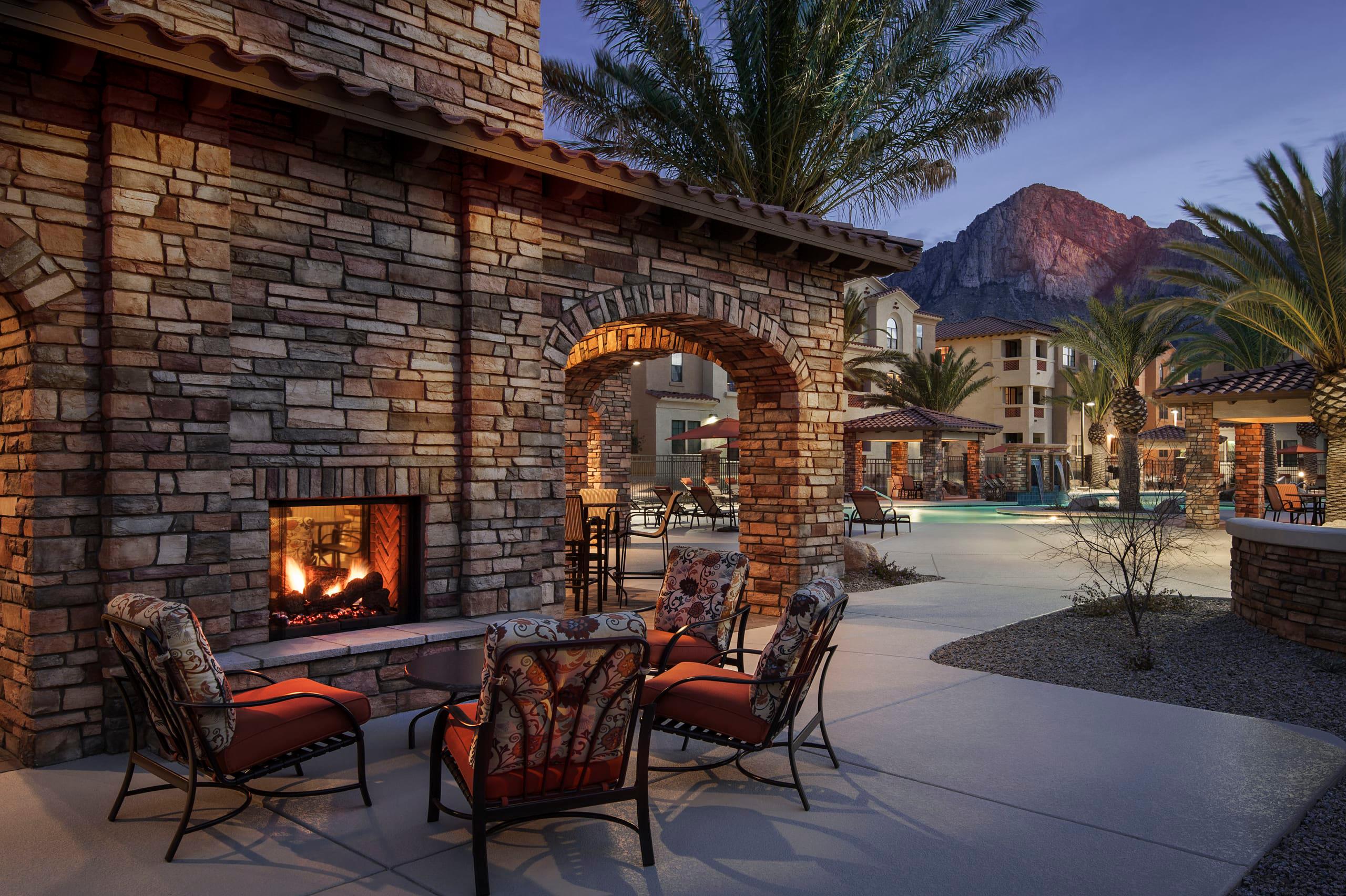 Enjoy poolside fireplaces and flat-screen TVs