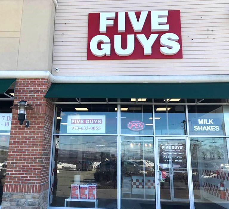 Store front of Five Guys at 1610 Route 23 in Wayne, NJ.