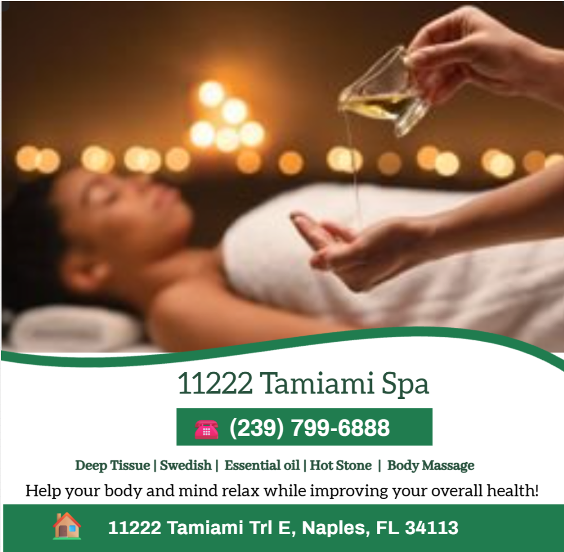 Our traditional full body massage in Naples, FL 
includes a combination of different massage therapies like 
Swedish Massage, Deep Tissue, Sports Massage, Hot Oil Massage
at reasonable prices.
