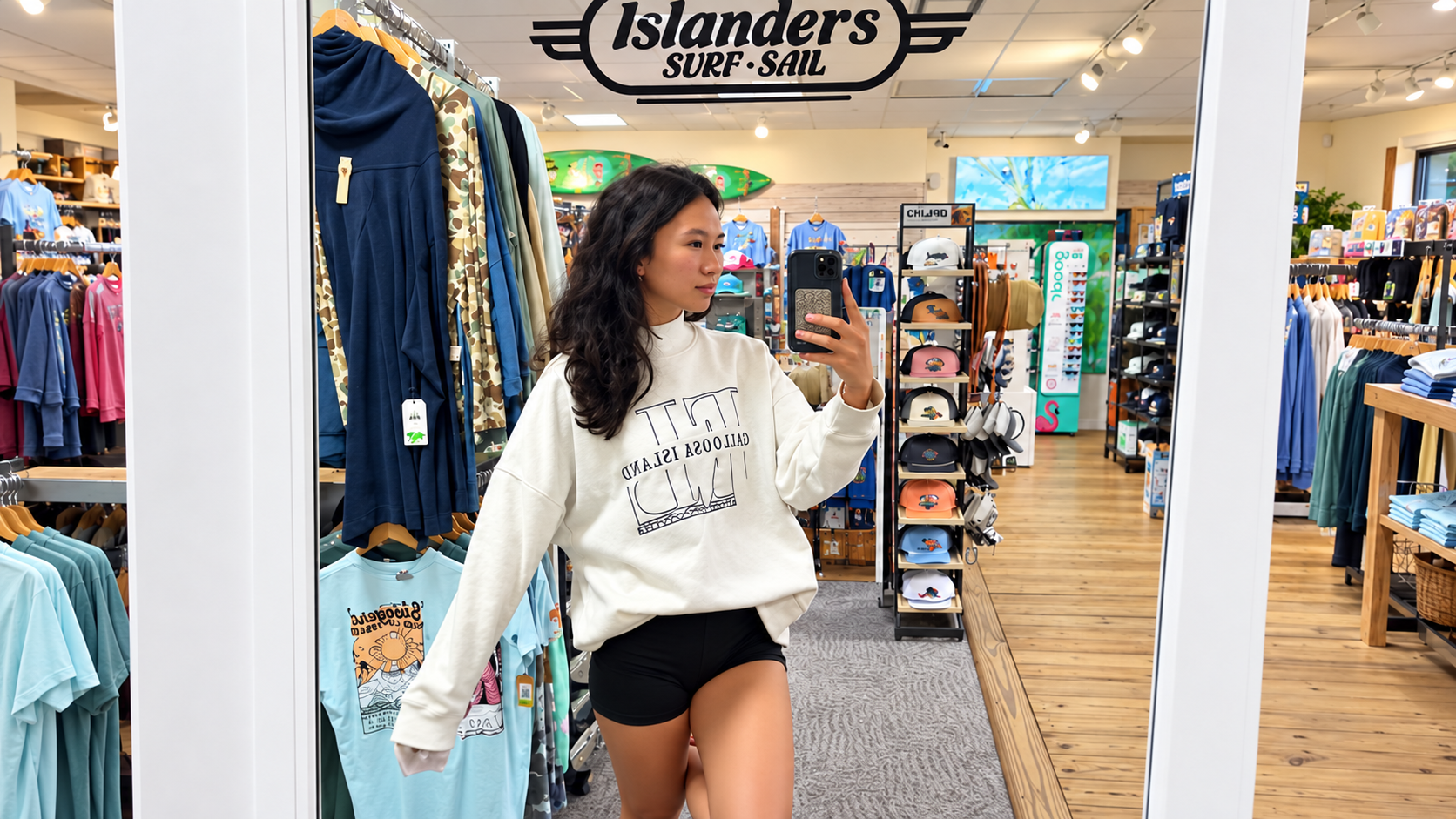 Add another must-have color to your wardrobe at Islanders Surf & Sail. This cream oversized graphic  