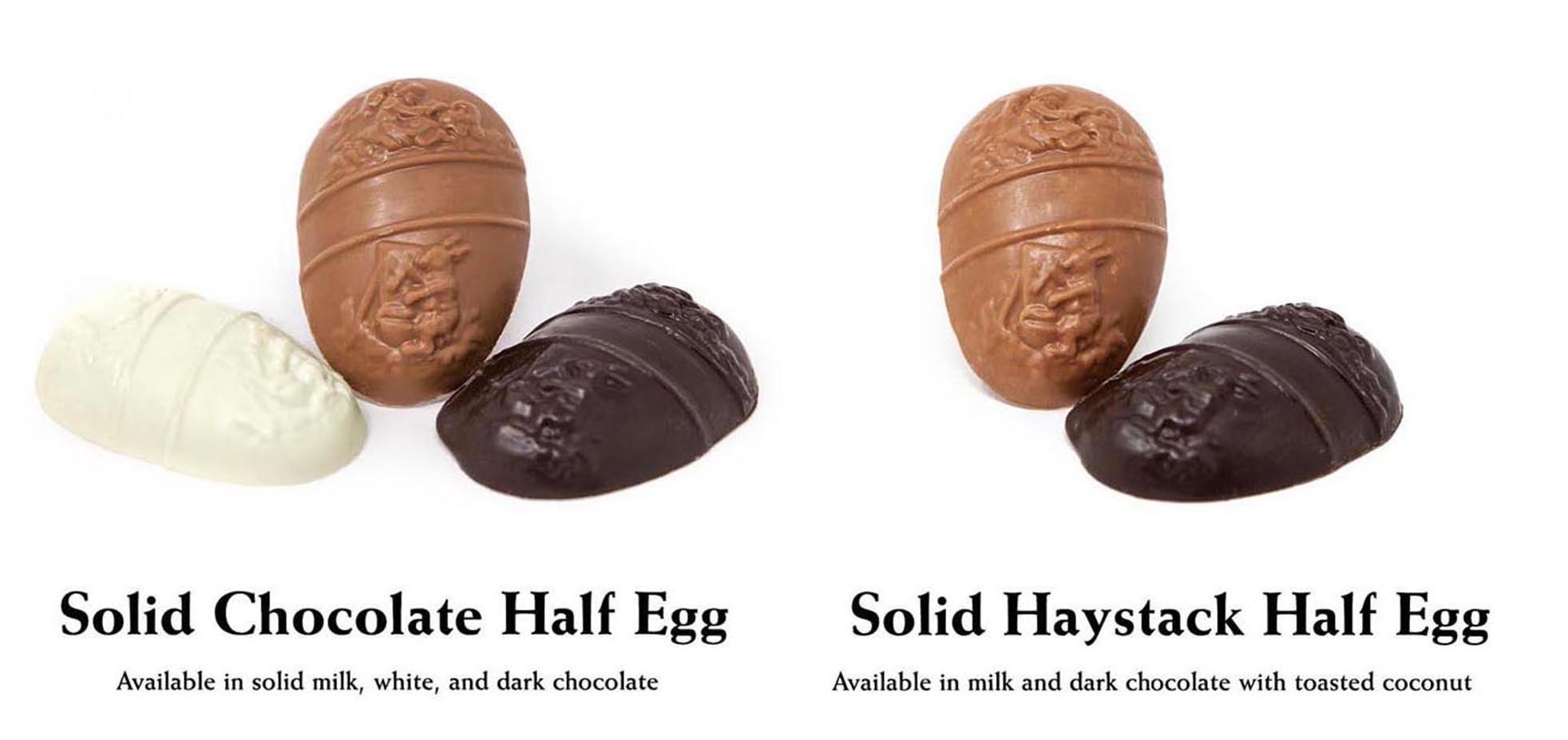 Explore the Easter collection from Florence's Exquisite Chocolates. This image displays two popular choices: the Solid Chocolate Half Egg, offered in rich milk, smooth white, and deep dark chocolate, and the textured Solid Haystack Half Egg, featuring toasted coconut blended into milk or dark chocolate. Perfect additions to any Easter basket.