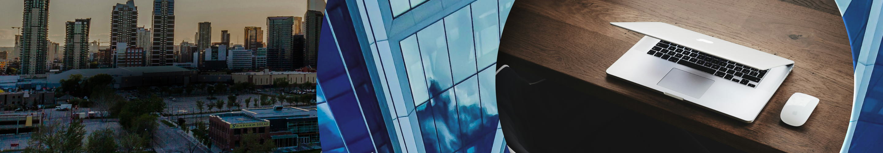 Collage featuring the Calgary skyline, a closeup image of the side of a skyscraper, and a half-open laptop on a desk.