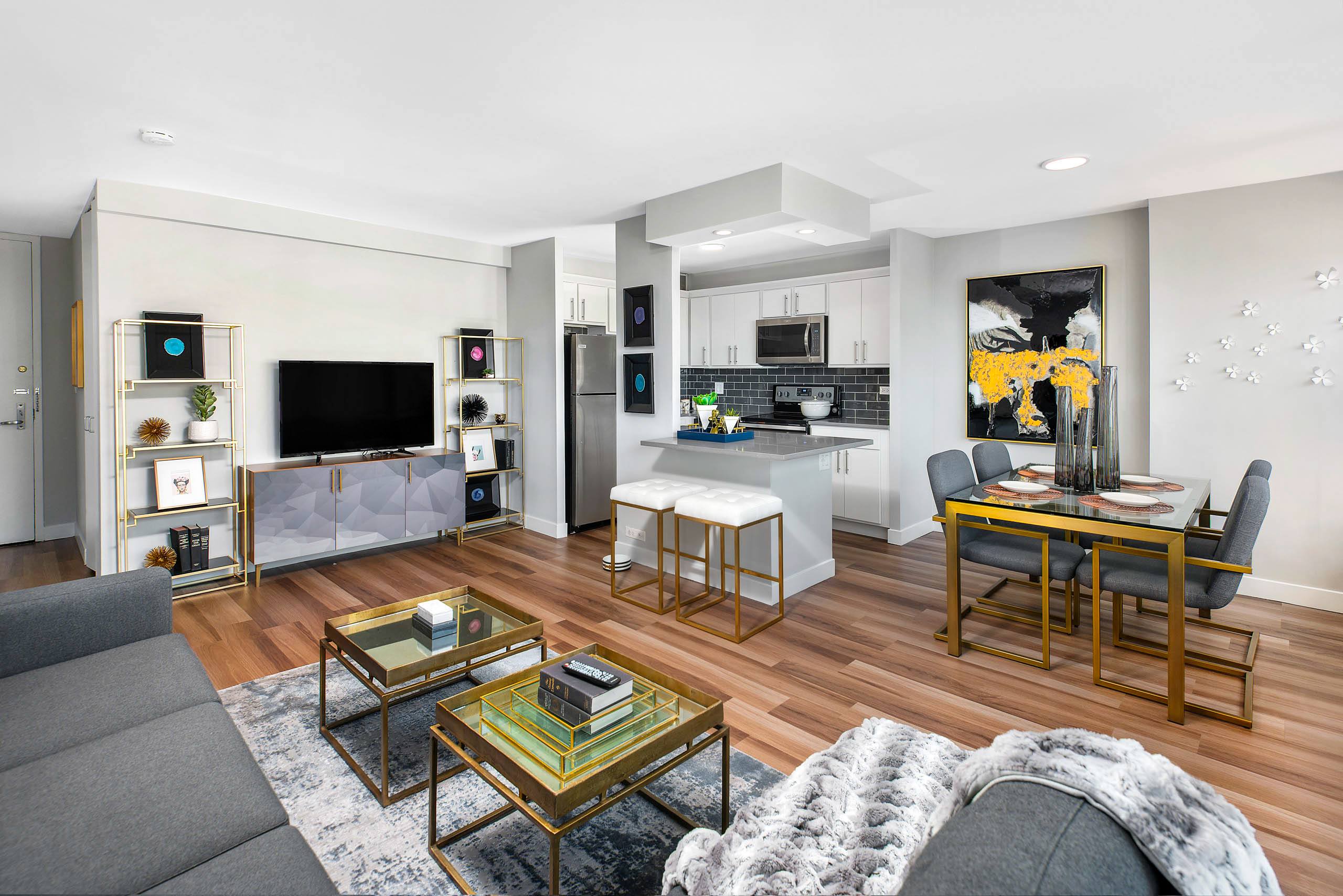 Open concept living and dining room with kitchen 