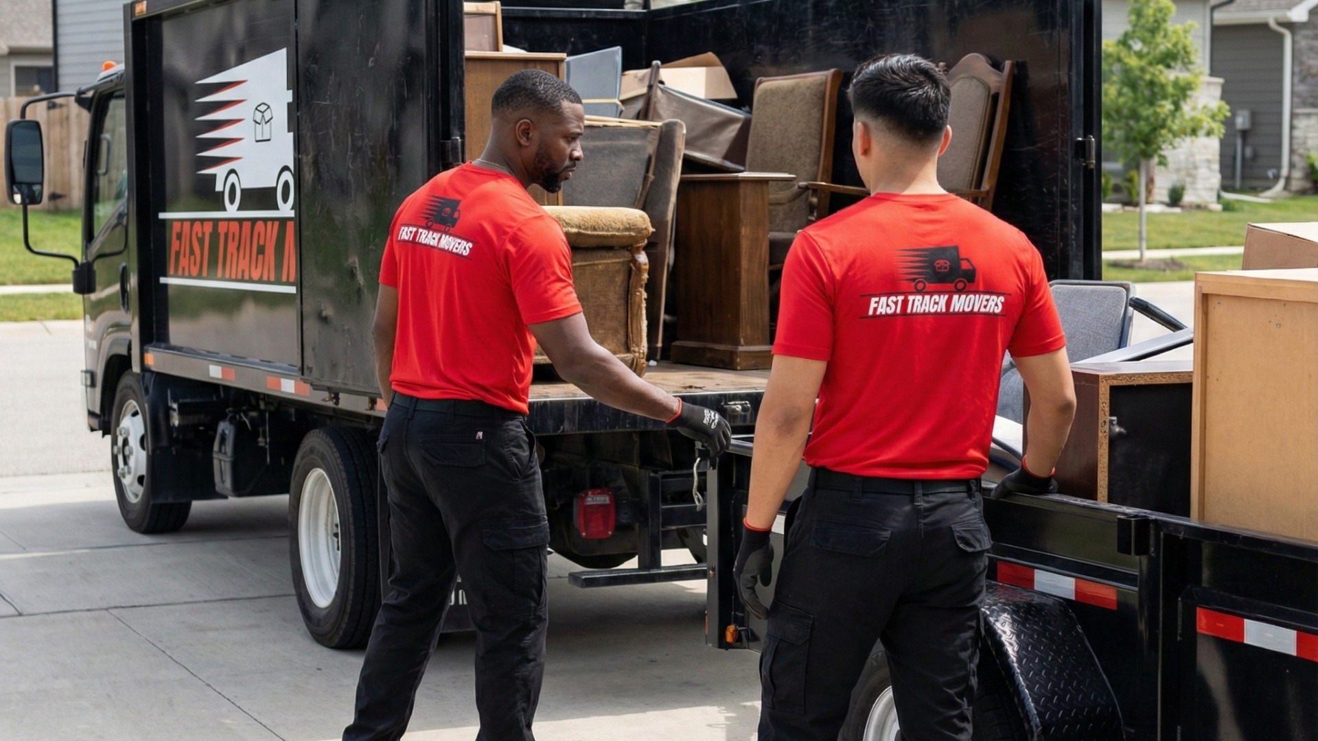 Two professional movers load unwanted furniture and household items into a trailer for removal, providing efficient junk hauling services while maintaining organized workflow and careful handling throughout the project.