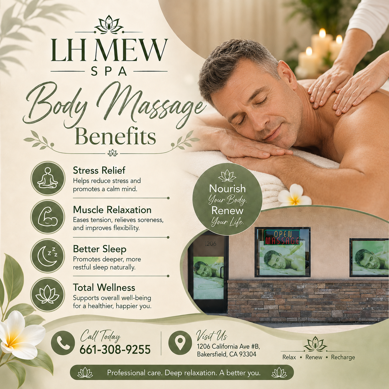 Massage techniques are commonly applied with hands, fingers,
elbows, knees, forearms, feet, or a device.
The purpose of massage is generally for the treatment of
body stress or pain.