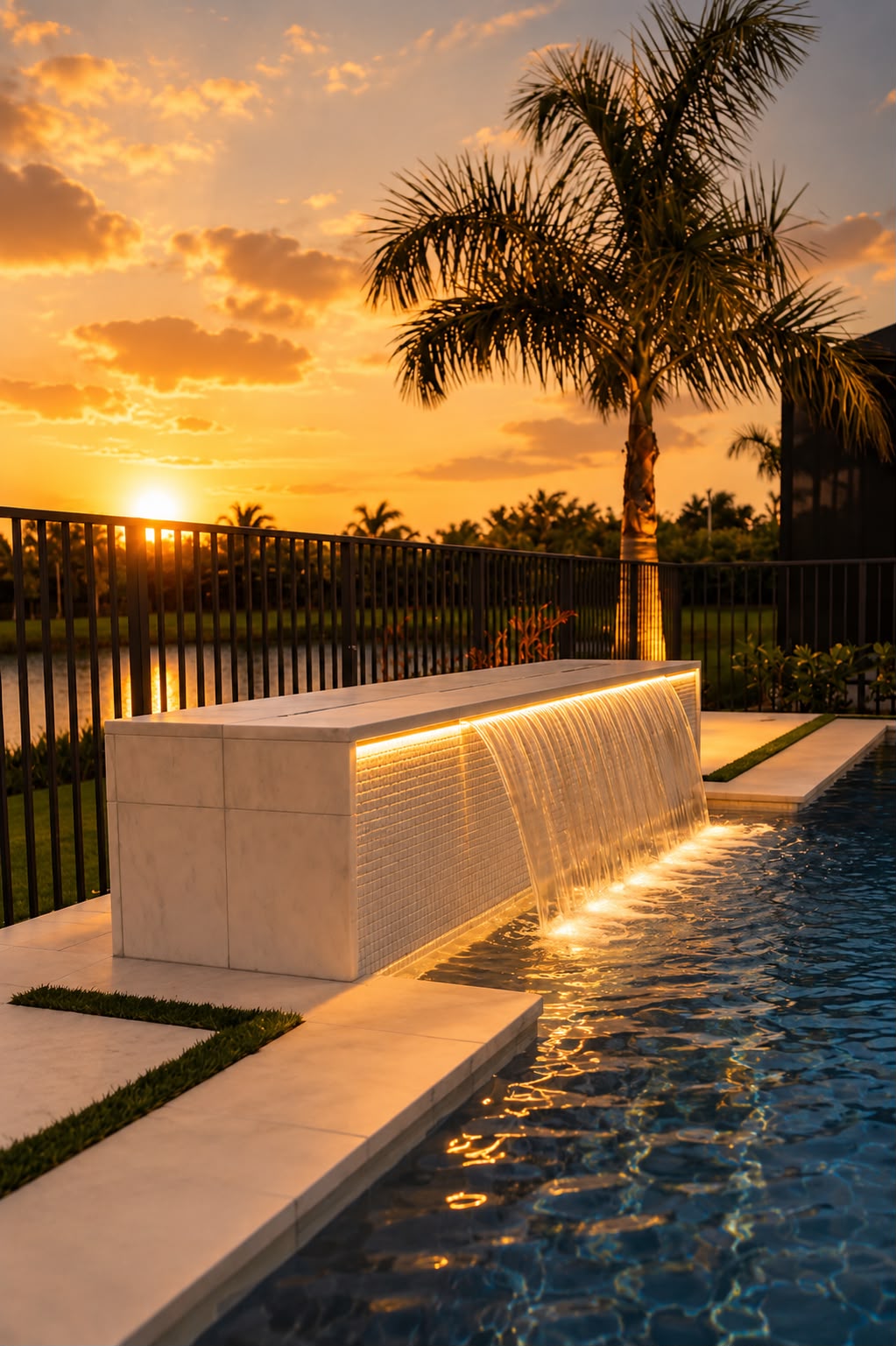 Aerial view of a custom pool and raised spa featuring integrated water jets, LED lighting, expansive decking, and professional landscape illumination.