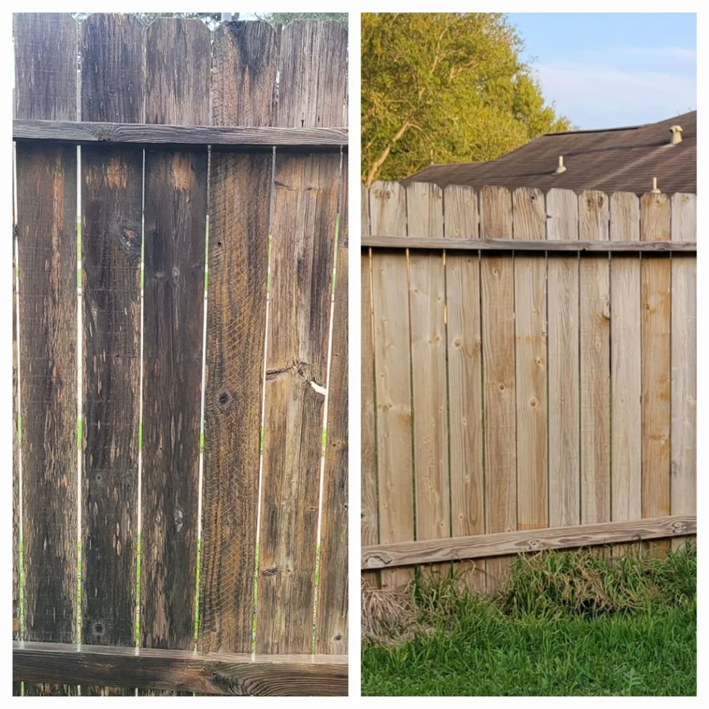A side-by-side comparison of a weathered, dark wooden fence on the left and a freshly cleaned or replaced, lighter wooden fence on the right. The fence on the left shows signs of age and potential rot, with dark stains and a rough texture. The fence on the right is much brighter, with vertical planks that appear smooth and uniformly colored, and a lower horizontal plank in a similar shade. Both fences are set against a backdrop of green grass and trees under a blue sky. The fence on the right also shows a roofline and vents of a house in the background.
