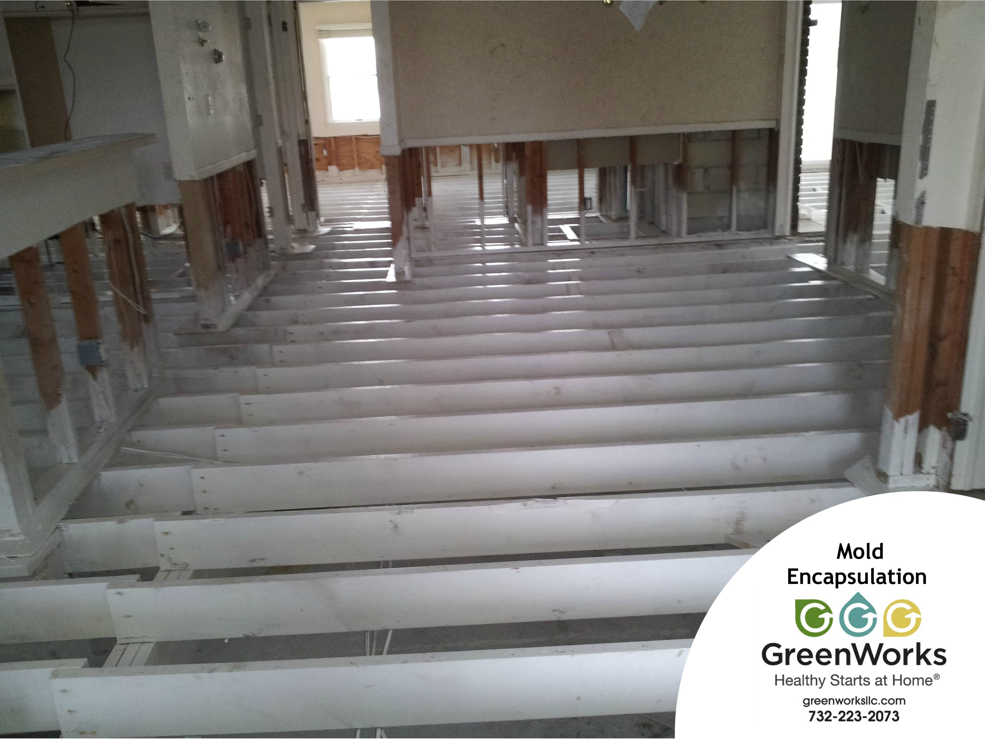 Wood encapsulation photo showing treated crawl space or subfloor materials protected with a clean sealing application.