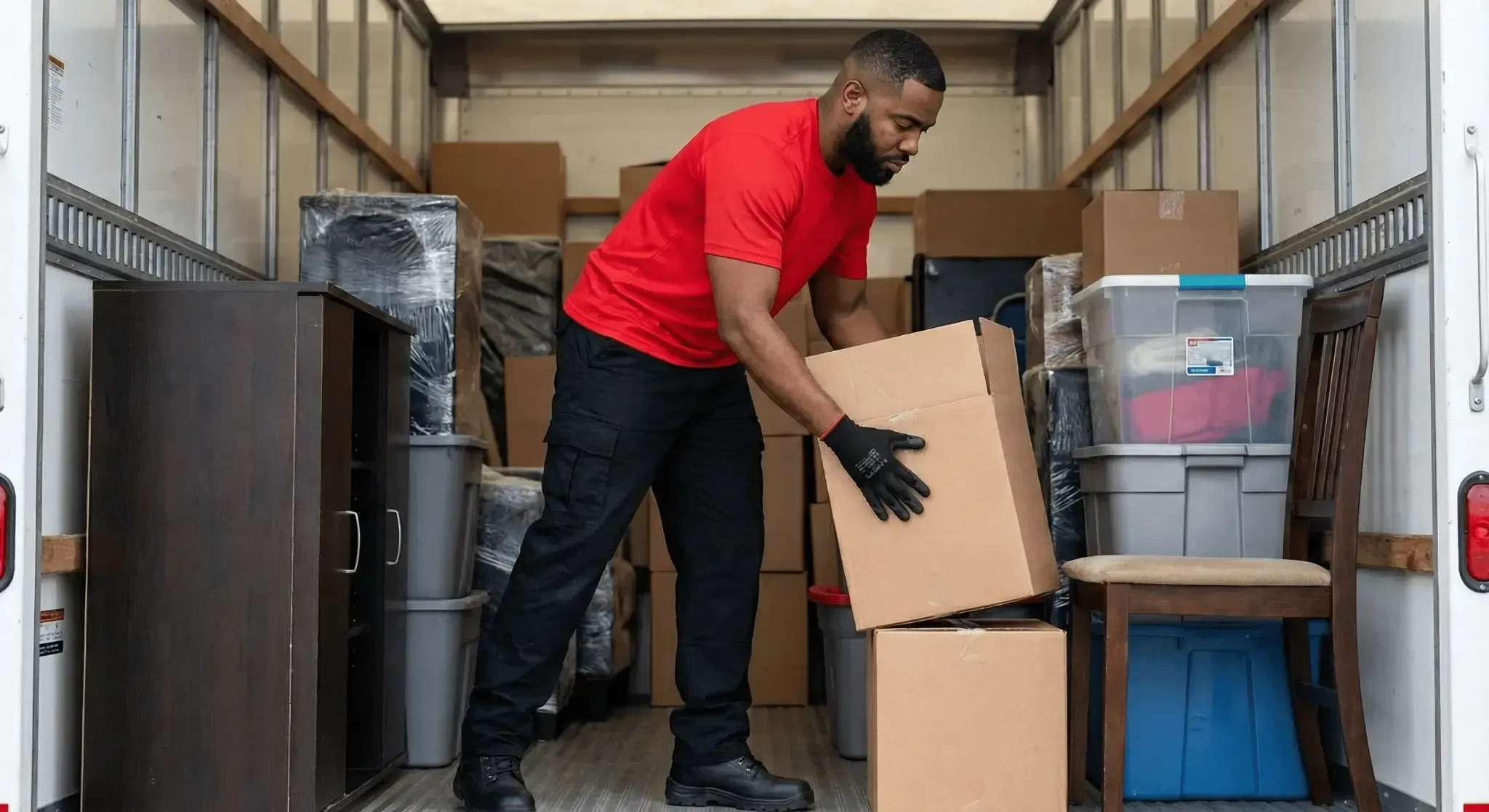 A professional mover organizes cardboard boxes inside a moving truck, arranging household belongings efficiently while maximizing storage space, protecting items, and preparing for secure transportation to the destination.