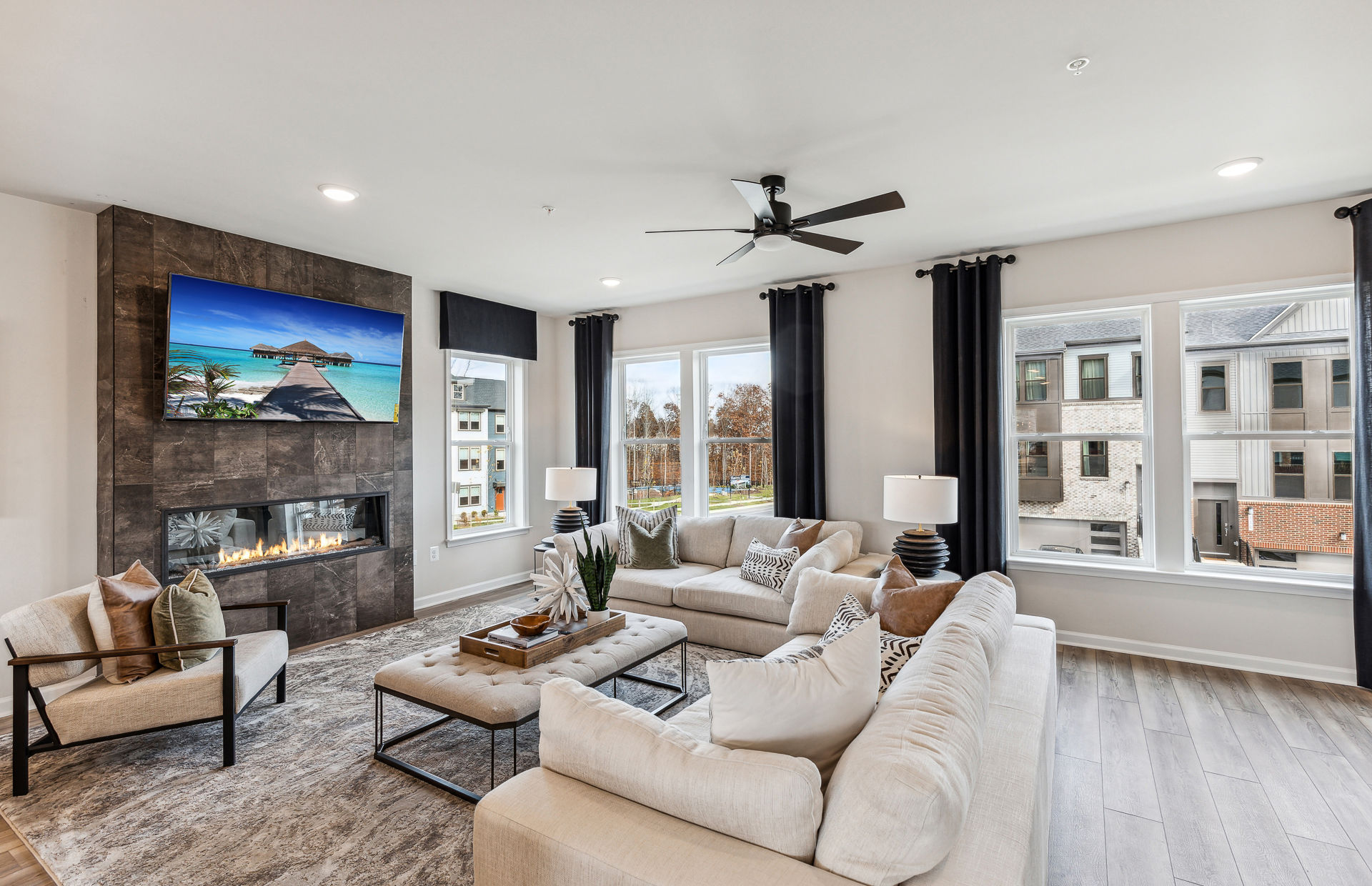 Gathering area with fireplace at Tillett's View new home construction community in Ashburn, VA