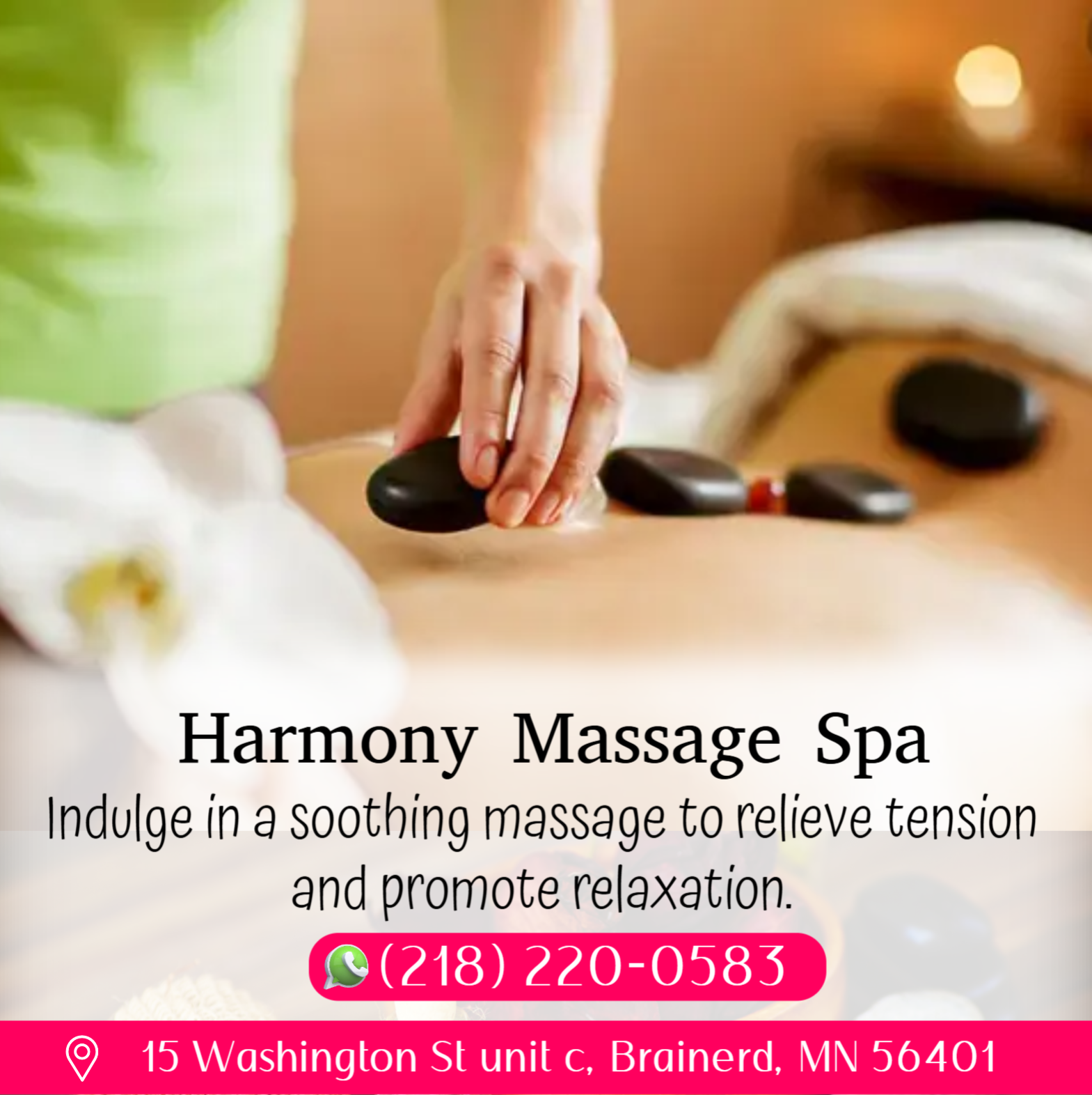 A hot stone massage is a type of massage therapy. It's used to help you relax and ease tense muscles 
and damaged soft tissues throughout your body.
