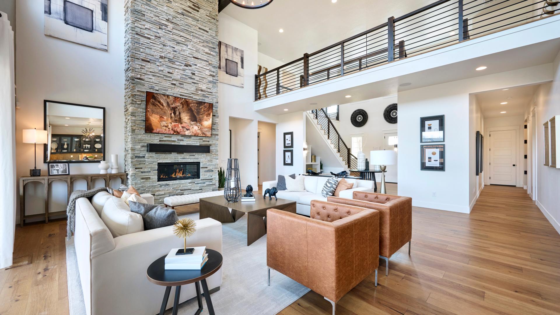 Two-story great room with full-height fireplace