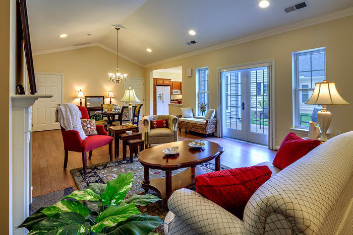 The Village at Orchard Ridge, senior living retirement community in Winchester, Virginia. Independent living cottage living room.
