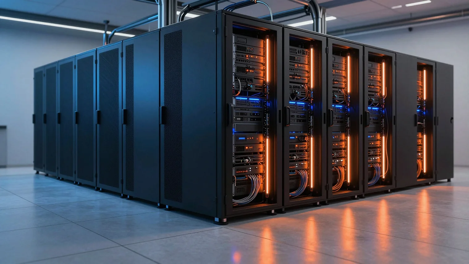 A row of server racks, some with their doors open revealing internal components and illuminated by orange and blue lights, stands in a modern data center. The floor is tiled and reflects the lights from the servers.