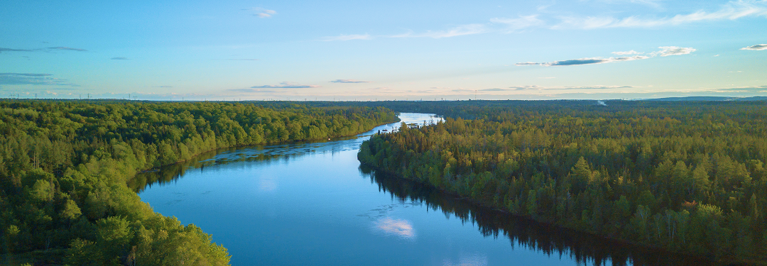 A large river surrounded by forests.