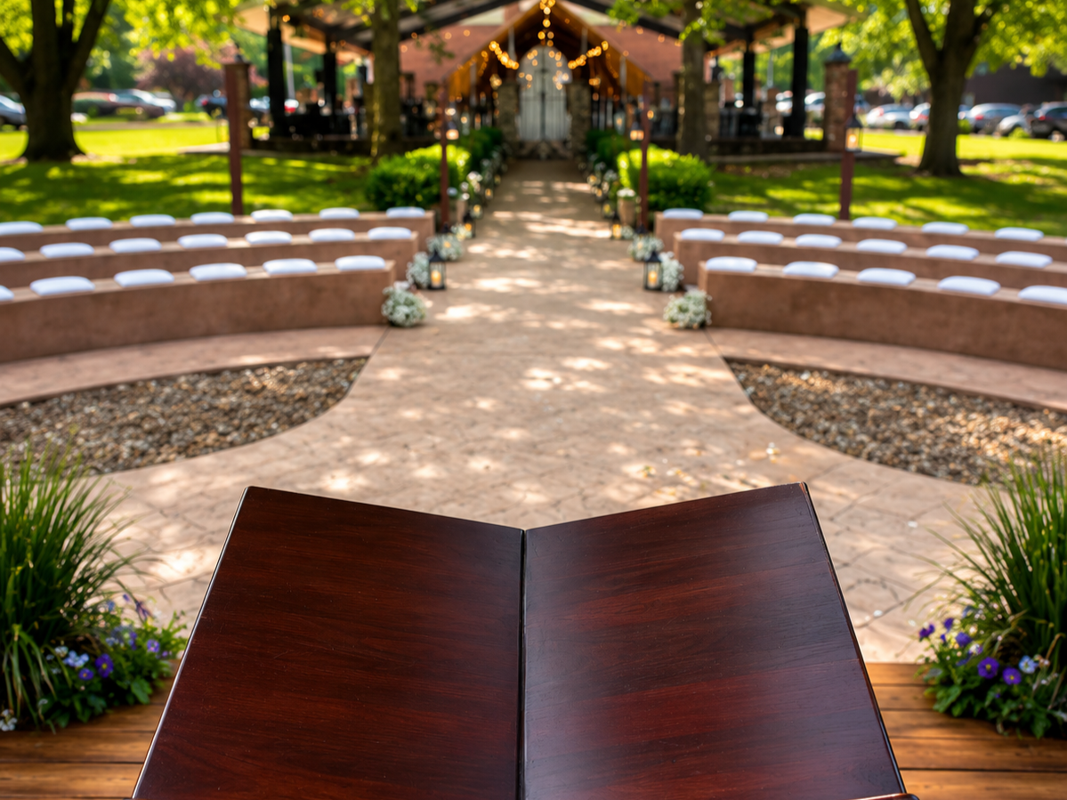 Amphitheater with dark wood lectern and light wood podium with pavilion decorated in lights in the background. Stone seating in 6 rows with white cushions for the wedding party.