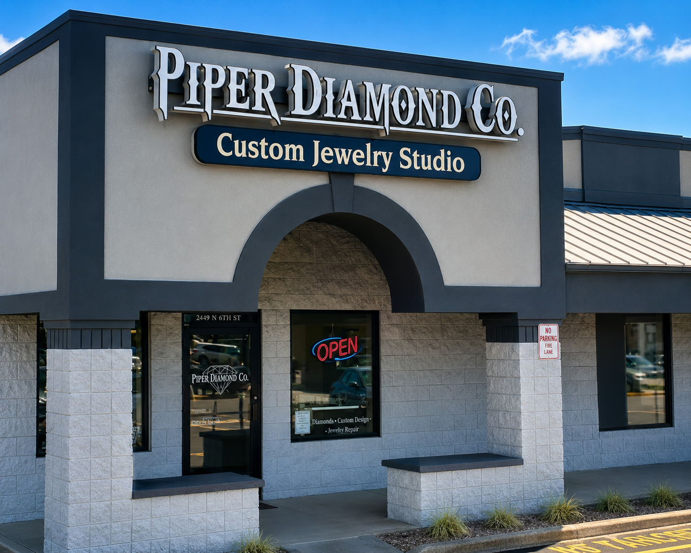 Piper Diamond Co. Custom Jewelry Studio storefront in Vincennes, IN, specializing in custom jewelry, diamond engagement rings, fine jewelry, jewelry repair, and personalized designs for every occasion.