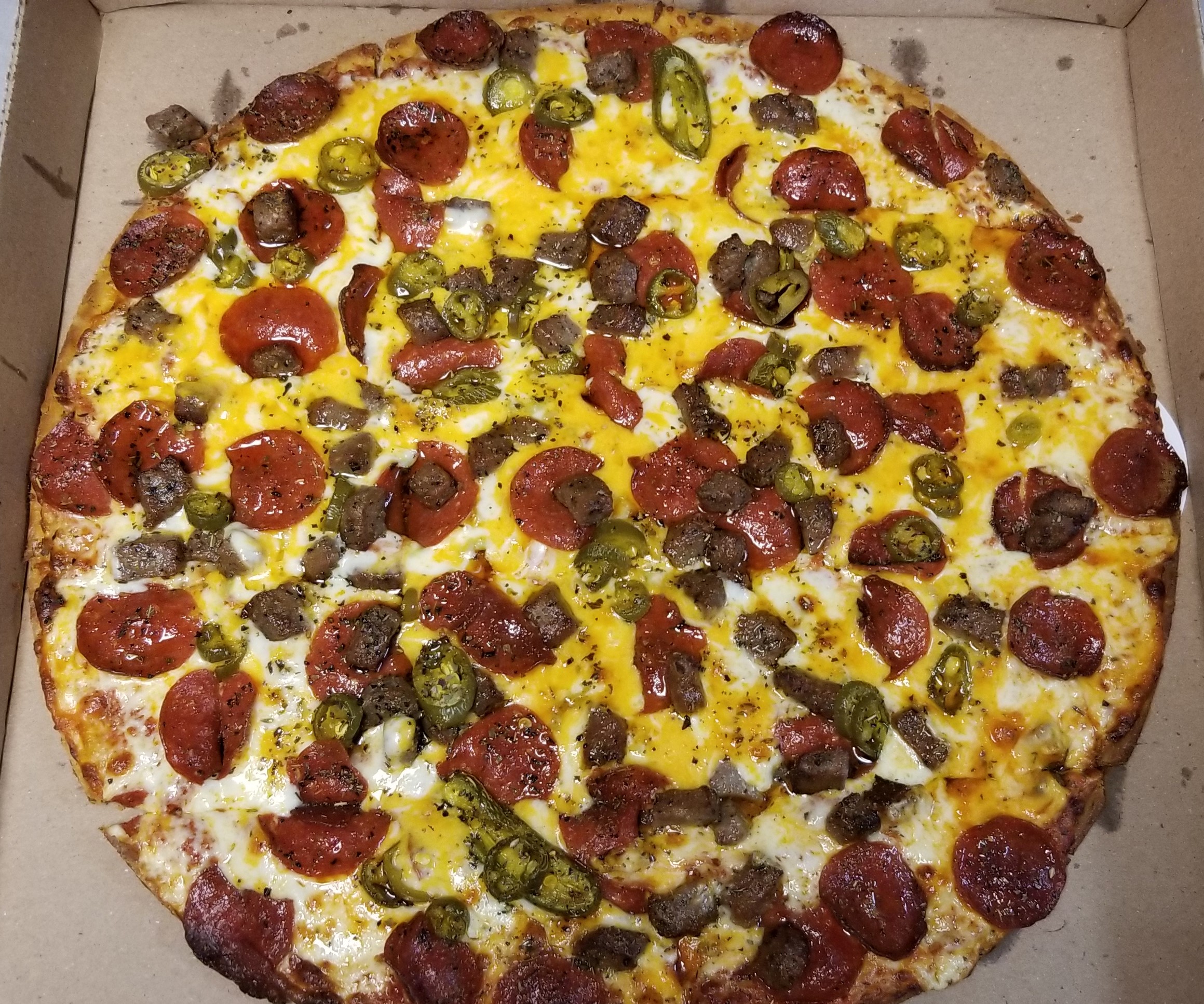 Fan Creation! Made with all-beef pepperoni, gyro meat, jalapeno, cheddar and extra mozzarella