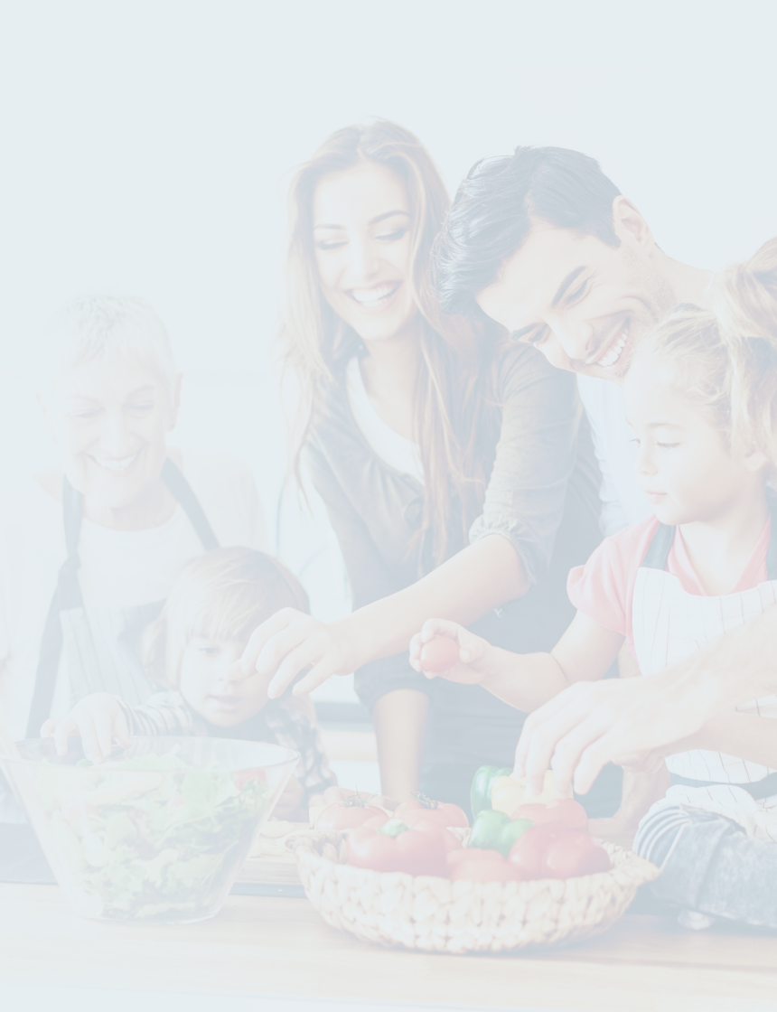 Multigenerational family cooking together.