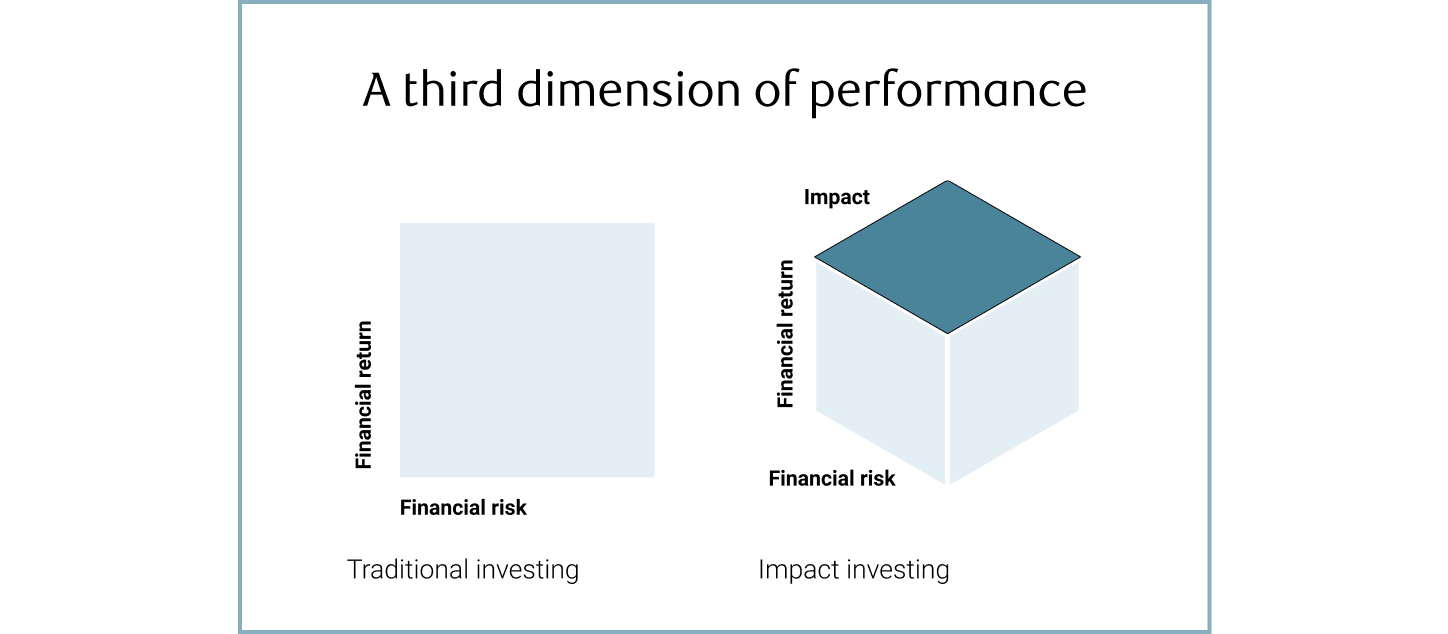 Chart highlighting the three dimensions of performance which are financial risk, financial return, and impact.