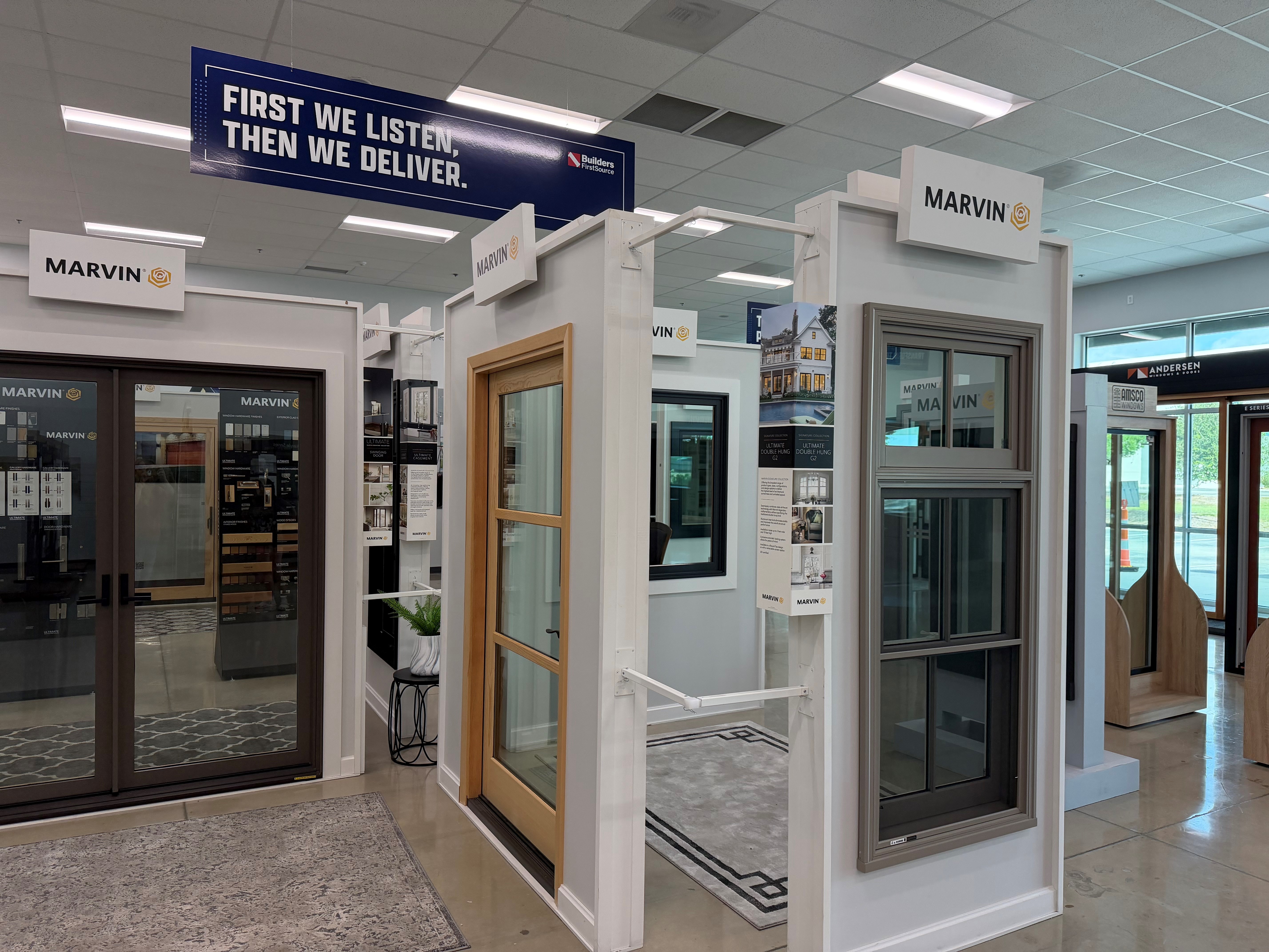 Marvin windows and sliding patio door displays inside the Builders FirstSource Premium Window Showro 