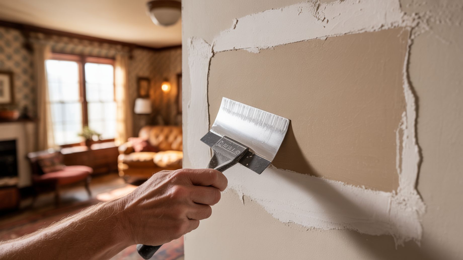 A person's hand is seen applying plaster to a wall with a trowel in a dimly lit room. The background 