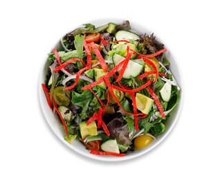 Bowl of the avocado greens salad made by P.ZA Kitchen.