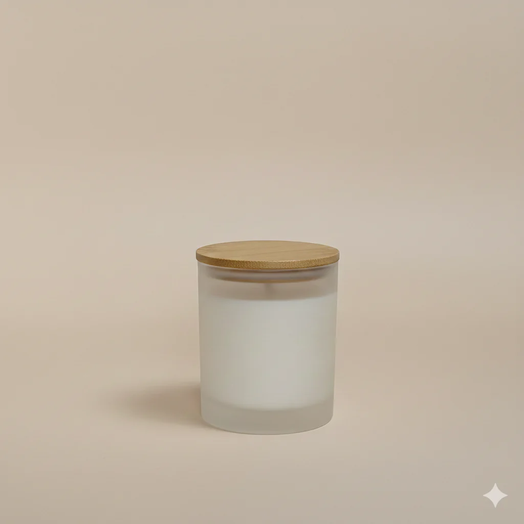 A frosted glass candle with a wooden lid sits centered on a pale peach background. The candle appears to be unlit and filled with white wax.