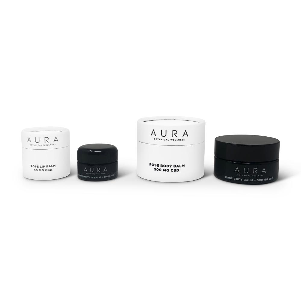 CBD jar and balm packaging for Aura Botanical Wellness. Custom packaging by PLC Print.