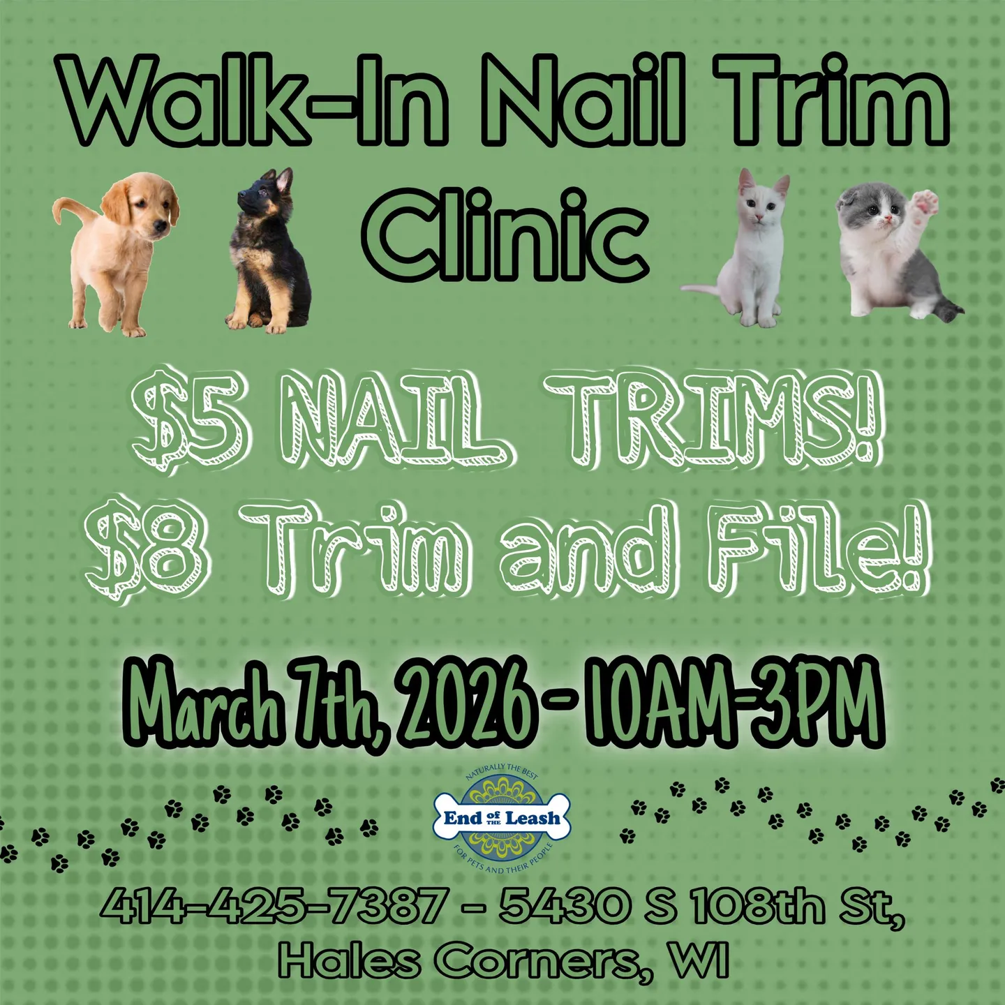 Image of Local Pet Event Walk-In Nail Clinic - HALES CORNERS! Nearby