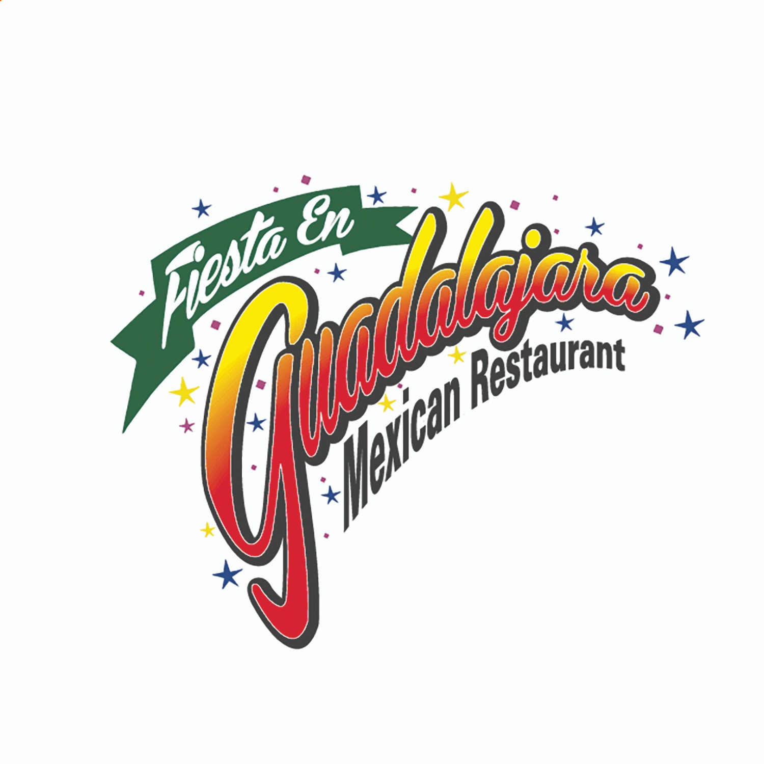 Colorful Fiesta en Guadalajara Mexican Restaurant logo featuring white script on a green banner, bol 