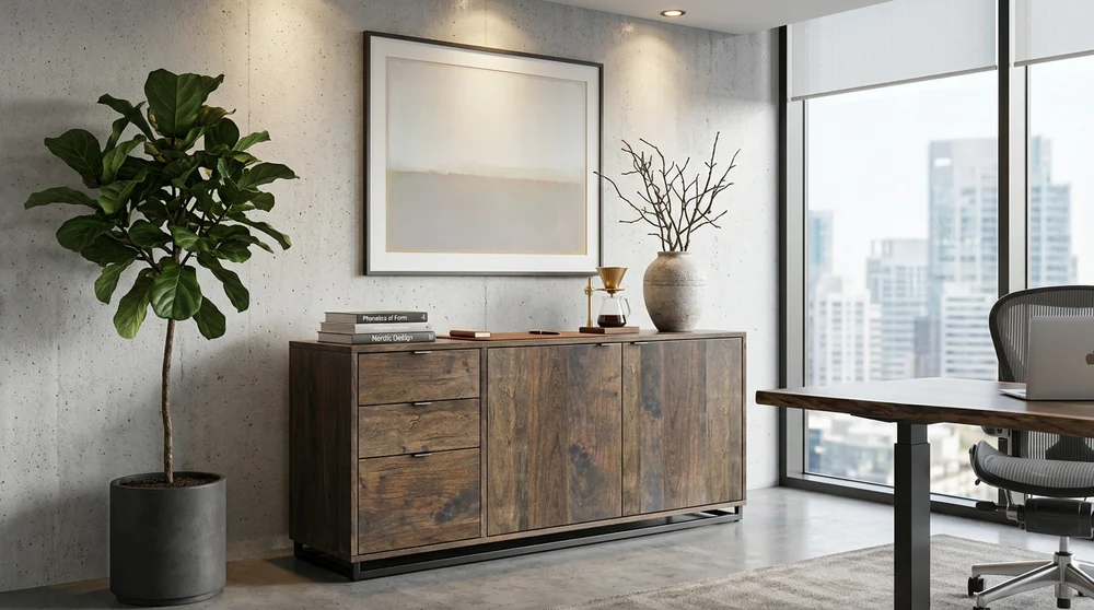 Lenox Full Size Credenza by Foundry 39, a 54-inch solid wood storage cabinet with three dovetailed d 