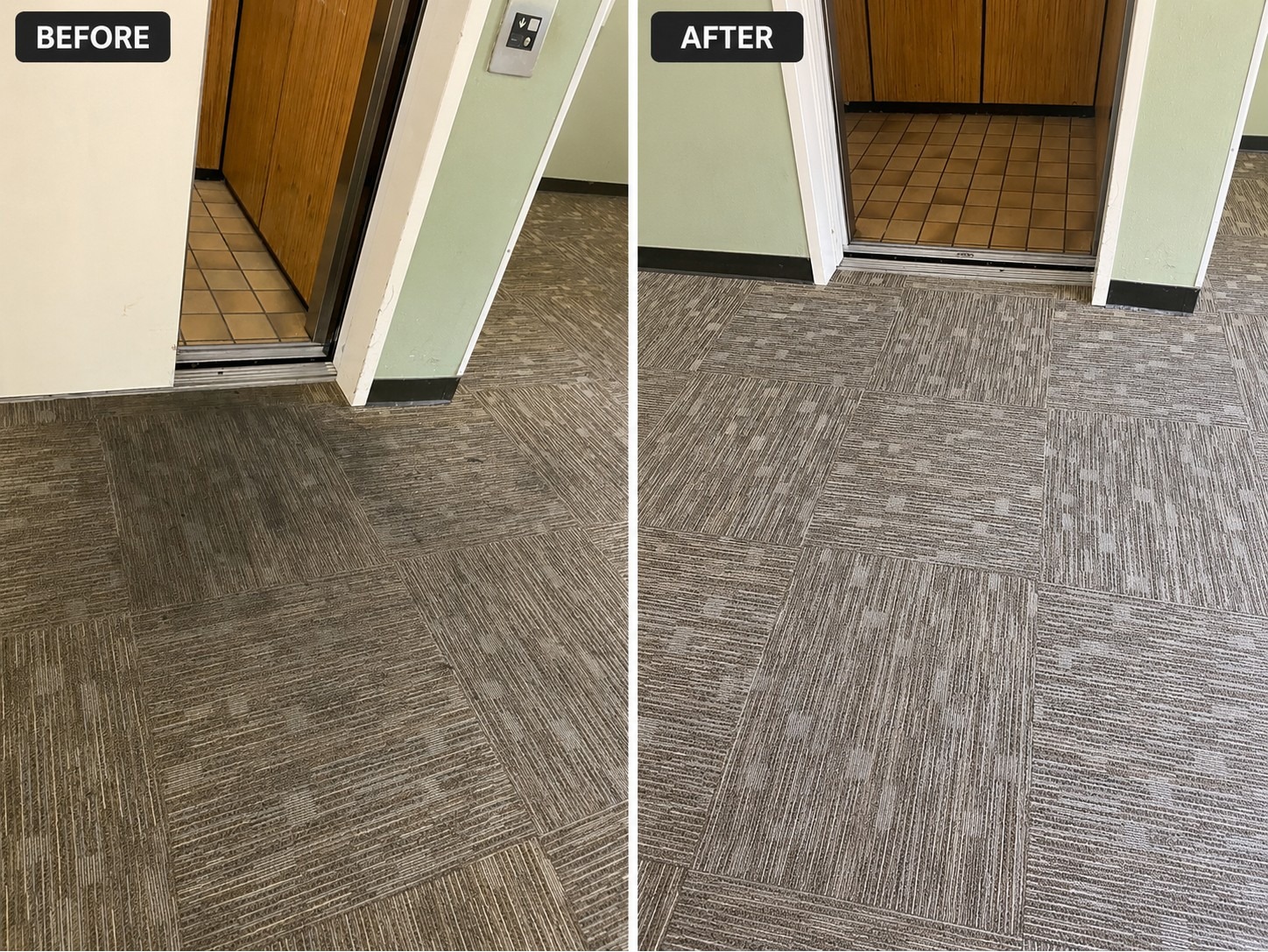 Before and after commercial carpet cleaning in an office hallway by Star's Janitorial Services, removing built-up dirt and stains from high-traffic areas.
