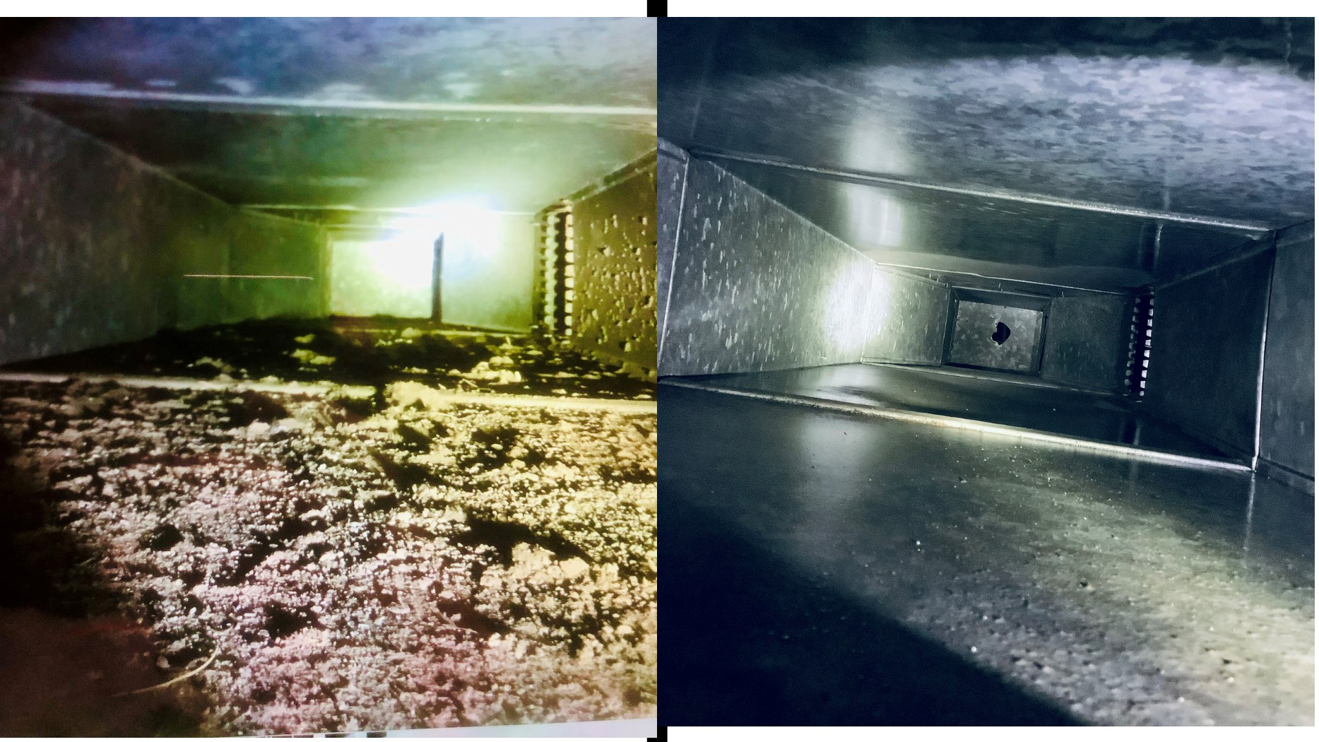 We clean and disinfect air ducts. Here's a before and after of a recent job in Virginia.