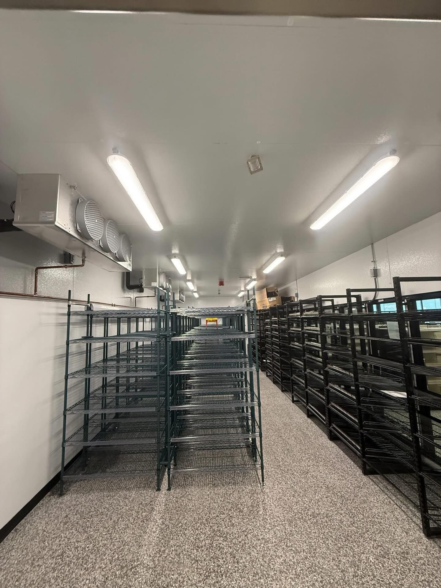 Interior refrigerated or storage room with metal shelving units, bright ceiling lighting, and cooling equipment, showing organized layout designed for storage, possibly food or product handling environment.
