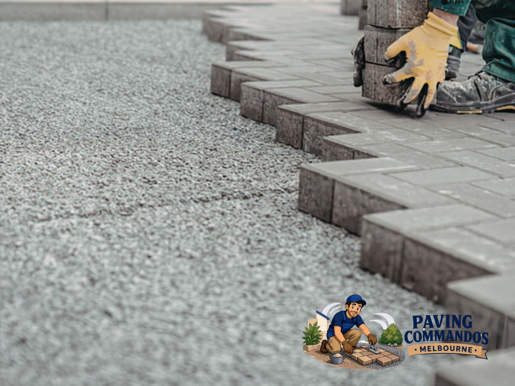 Paver installation in progress with a contractor carefully positioning edging and pavers to create a defined outdoor surface.
