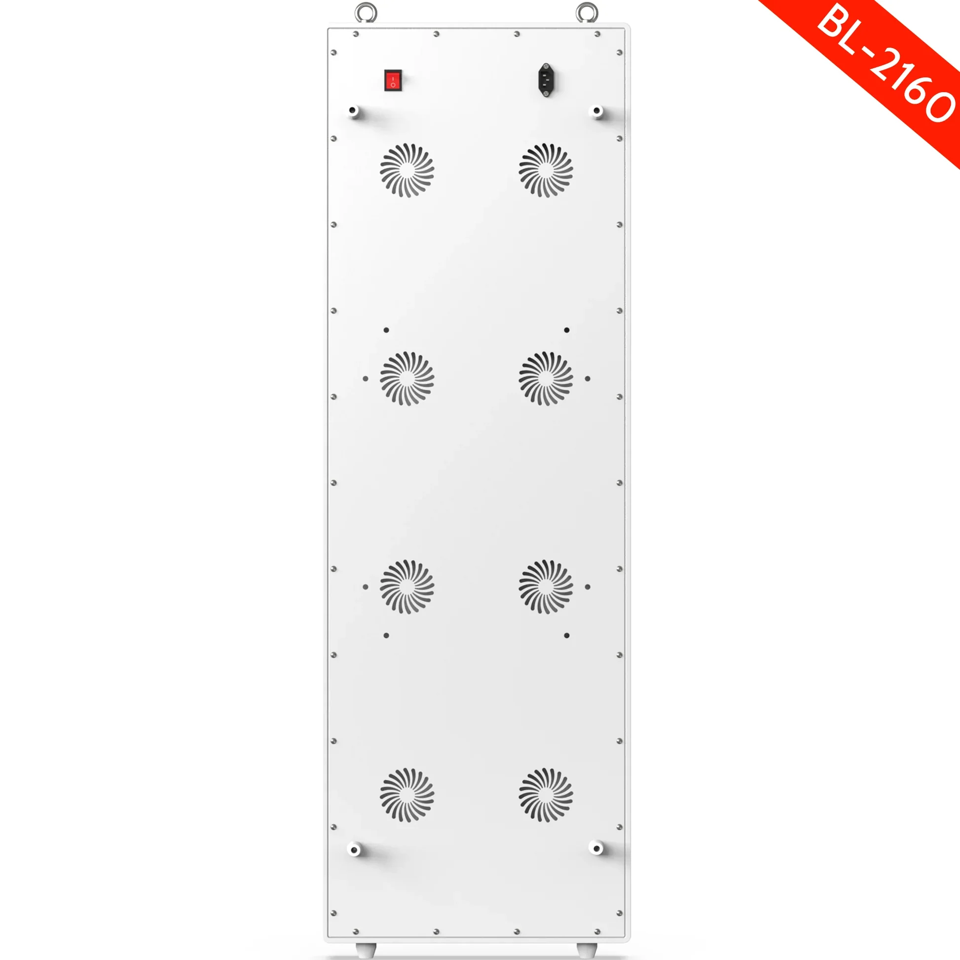 A white, rectangular device with a red switch and black power outlet at the top, featuring eight circular vents with fan blades, and two small white knobs at the bottom. The device is shown against a white background, with a red diagonal banner in the upper right corner displaying the text 'BL-216O'.